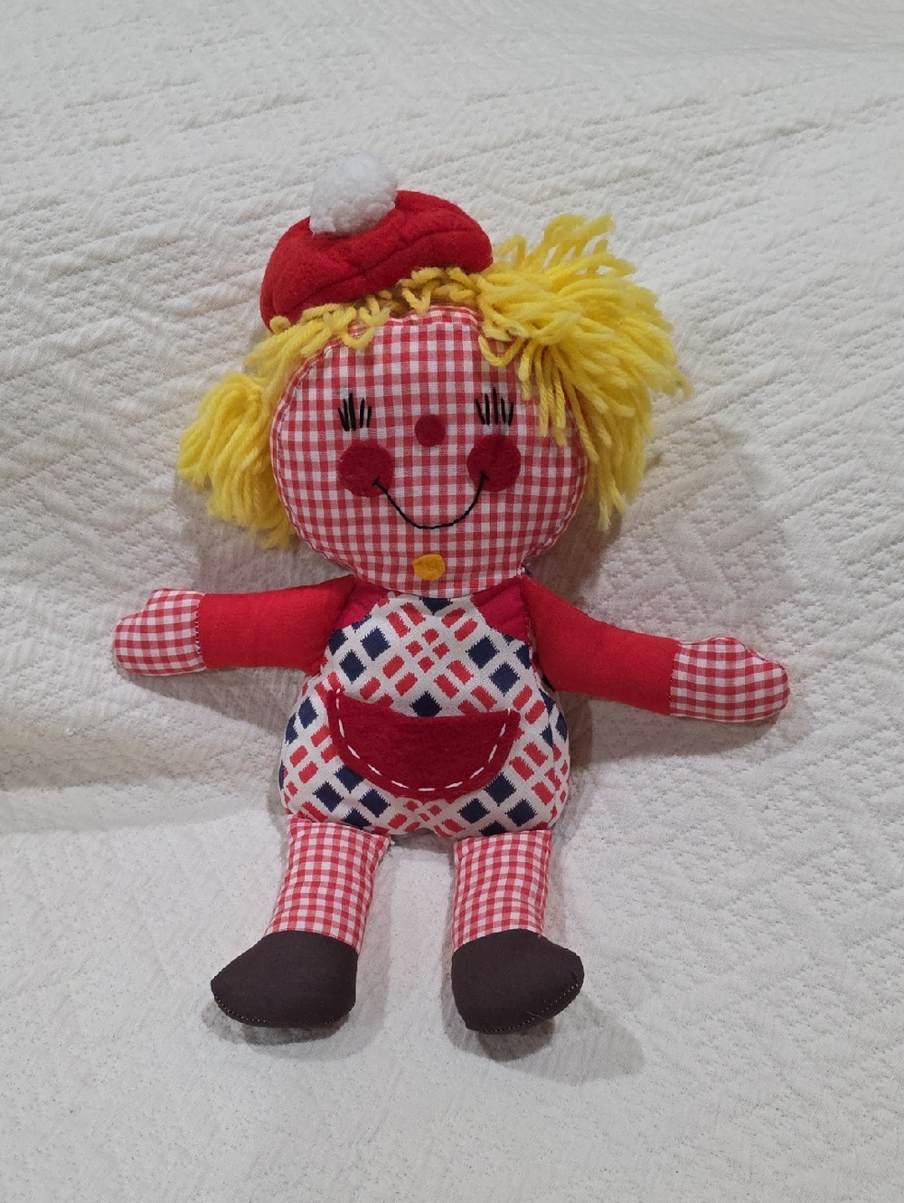 Red & Yellow Plush Rag Doll with Patterned Outfit - Vintage Kids Stuffed Toy